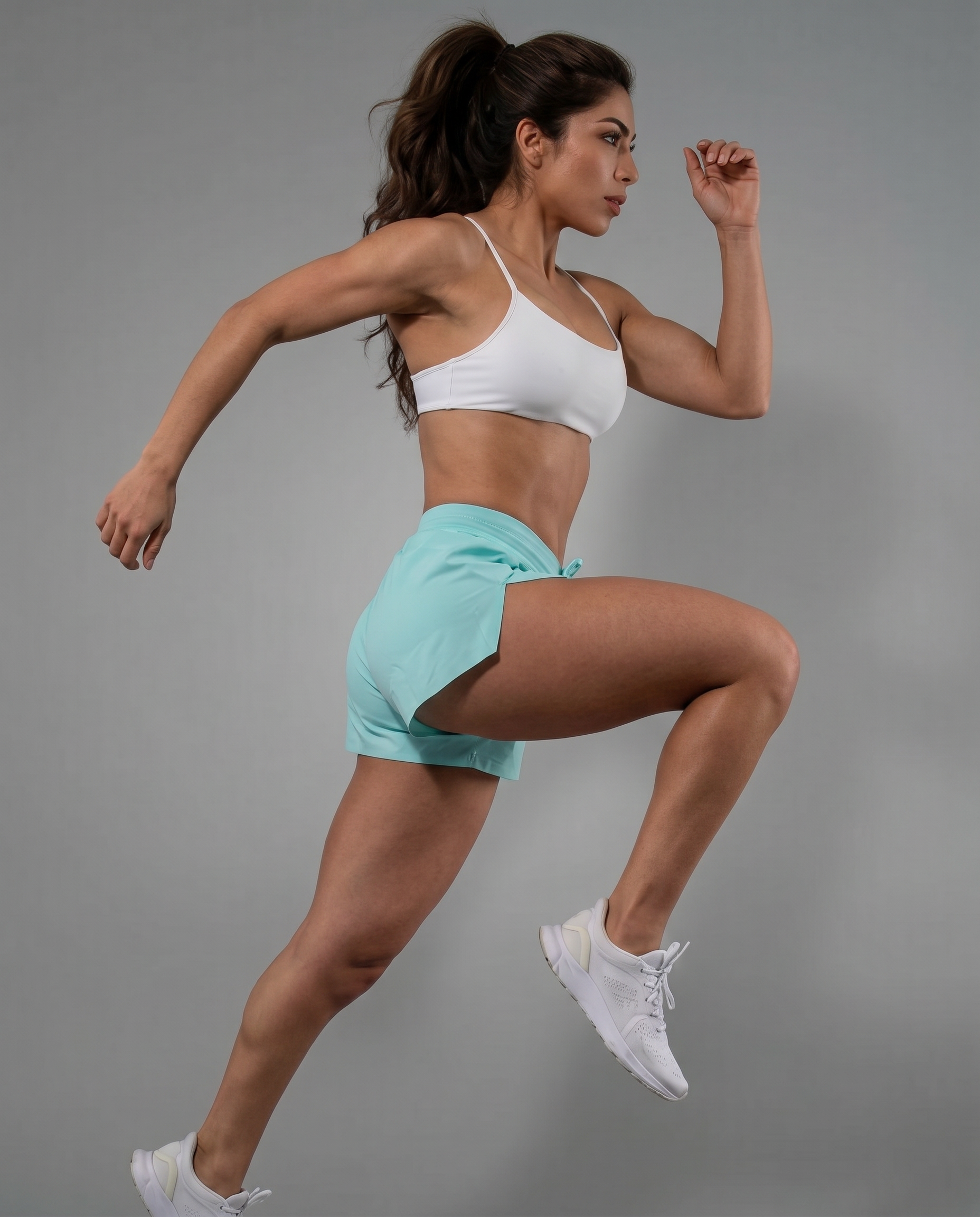 Woman running mid-stride in mint green high-waisted booty shorts and white sports bra against a gray studio backdrop, Gym Crush collection by Violate the Dress Code