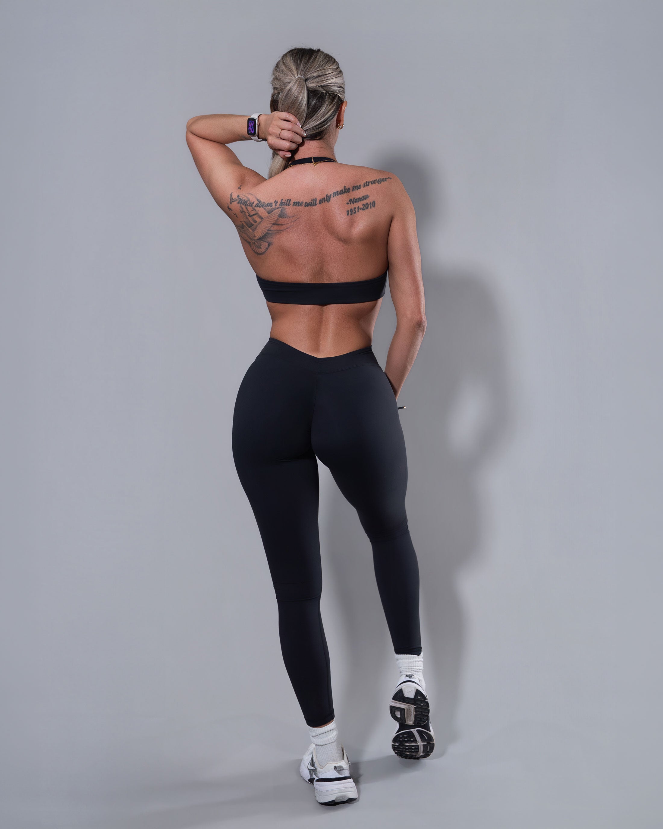 Allure V-Back Leggings and halter top matching set in black, back view