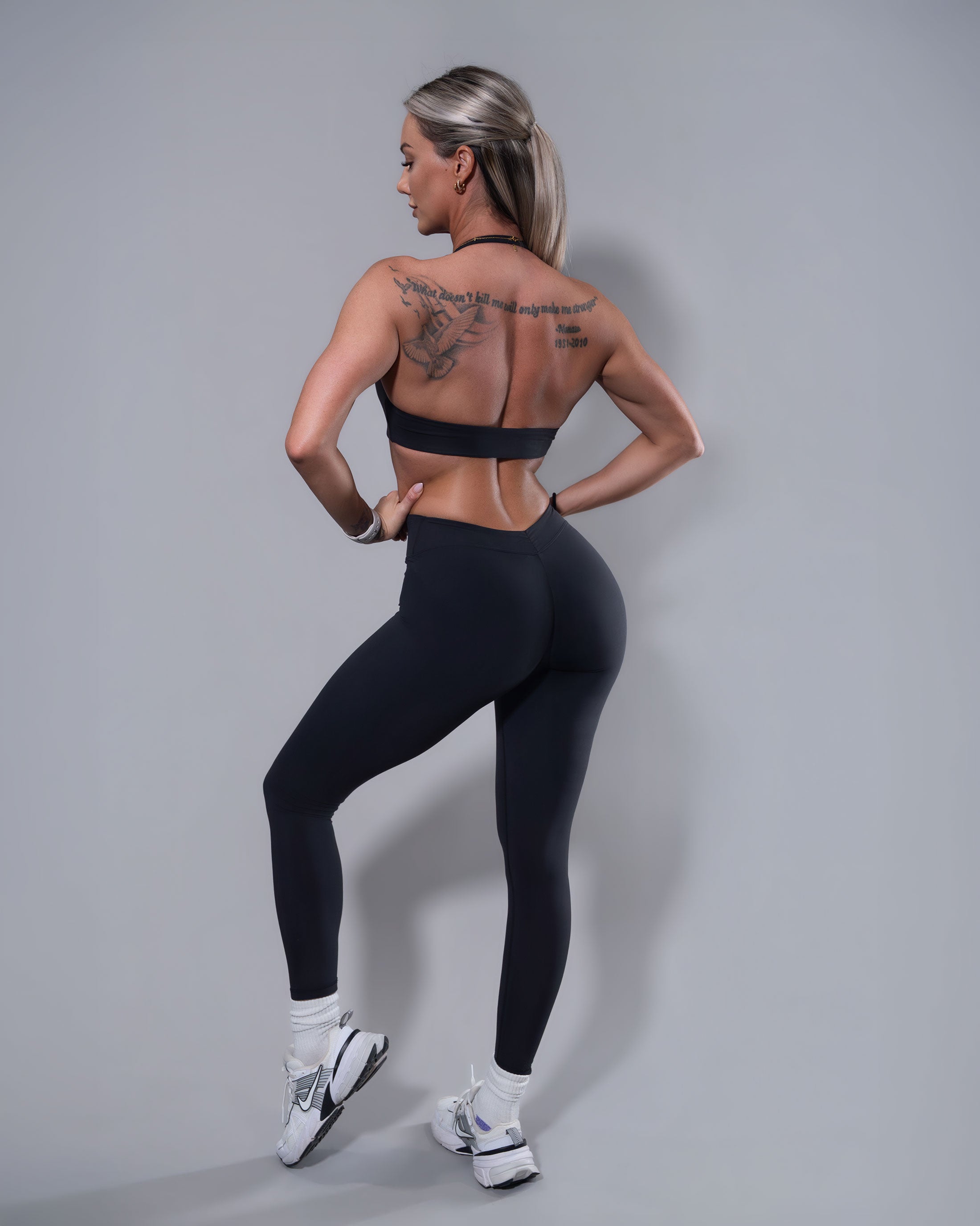 Allure Halter Sports Bra and V-Back Leggings matching set in black