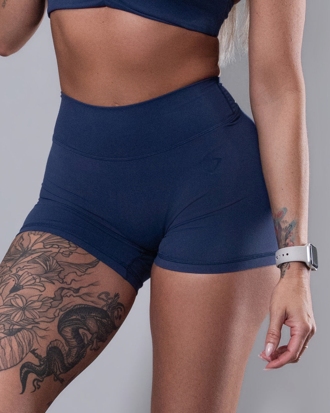 Allure V-Back Shorts in navy, front detail of high-waisted fit
