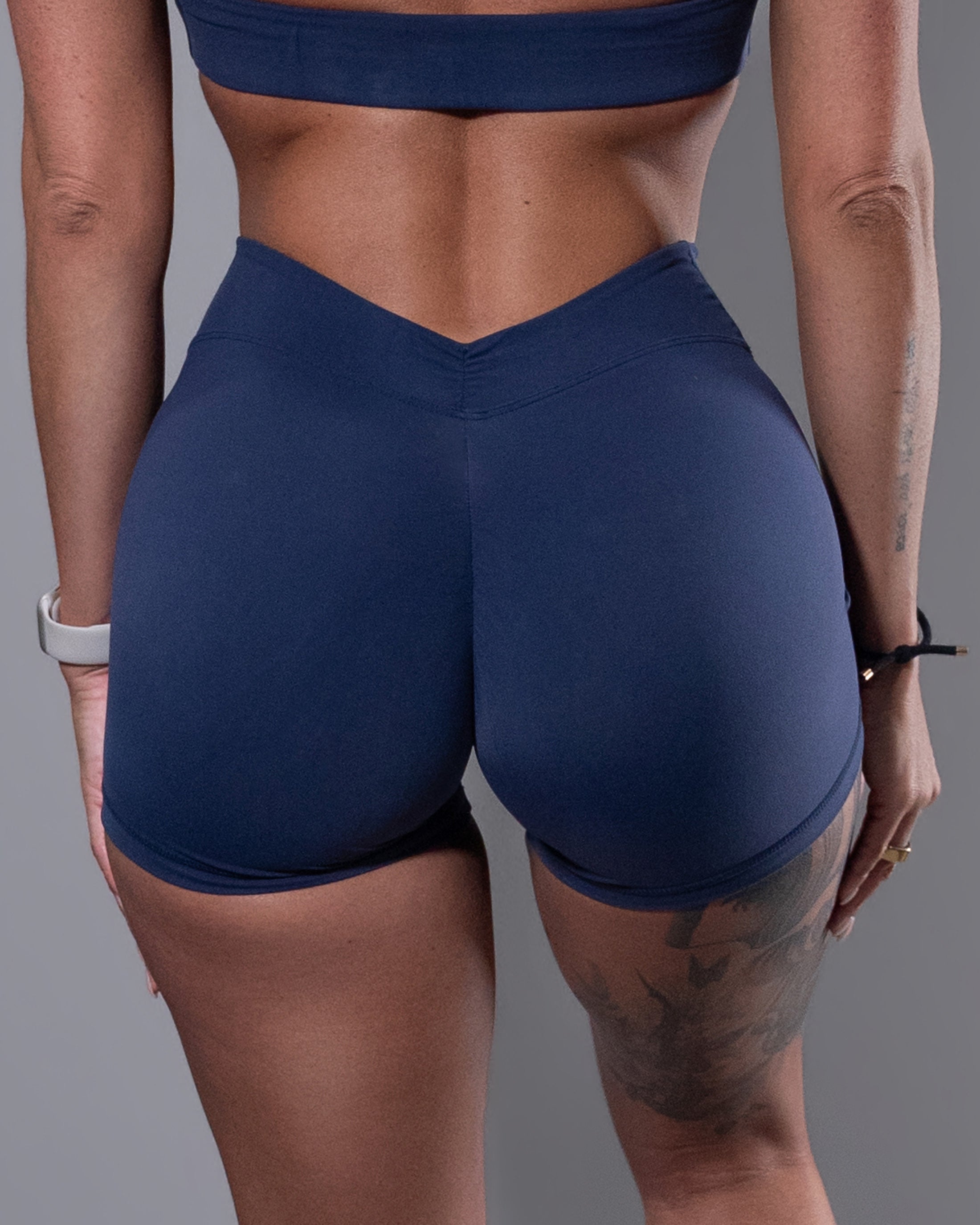Allure V-Back Shorts in navy, back detail of v-back waistband