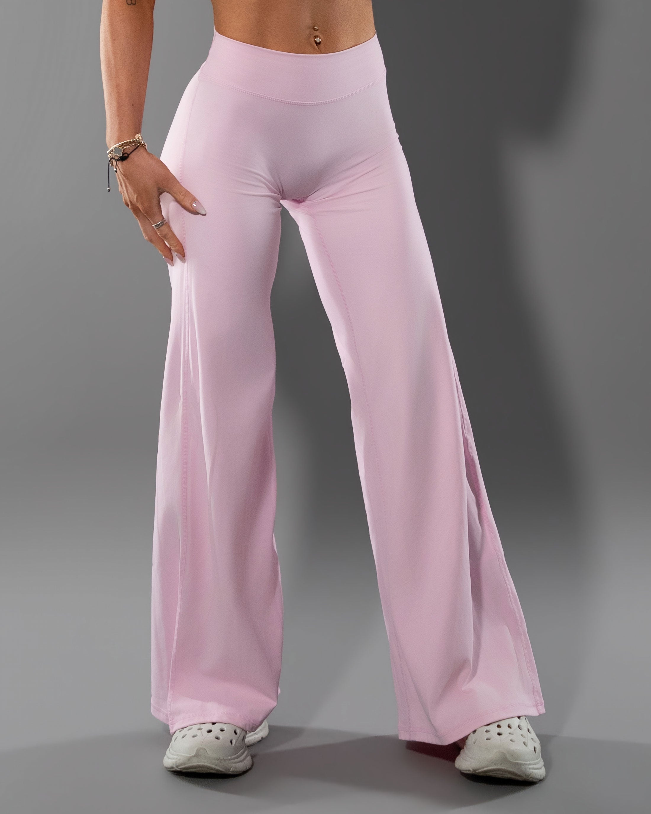 Tempt Flares in Soft Pink, front view of the high waisted flare leggings