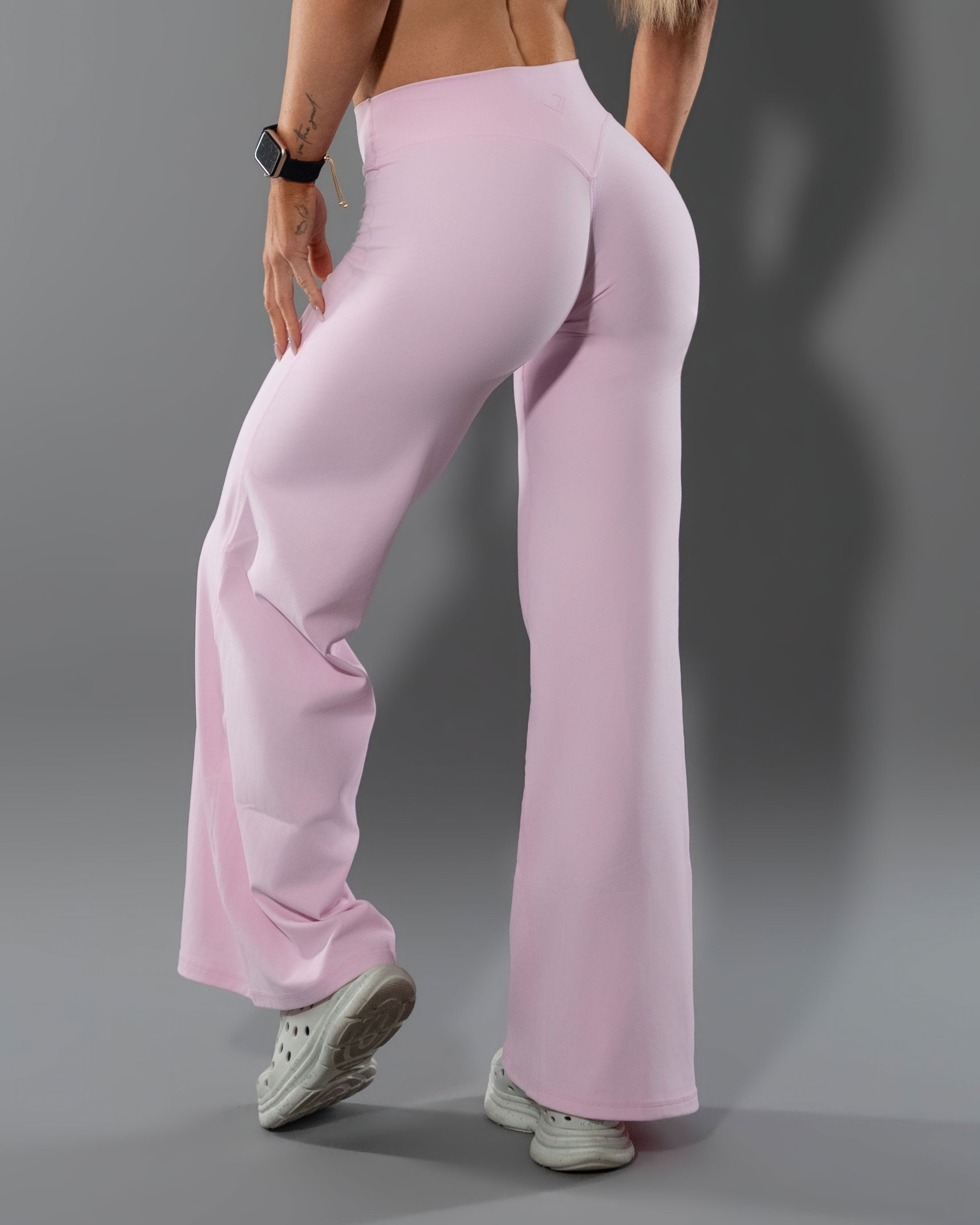 Close back view of the Soft Pink Tempt Flares showing sculpting seam detail