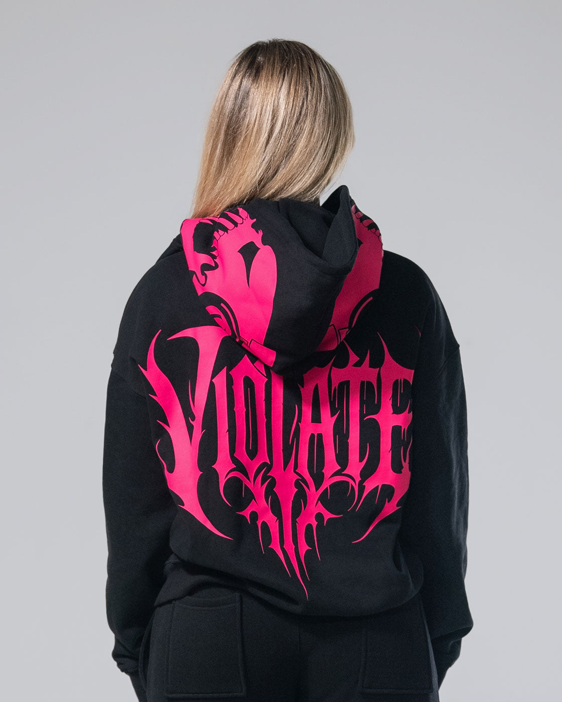 Close up of the Violate design on the black royalty skull hoodie.