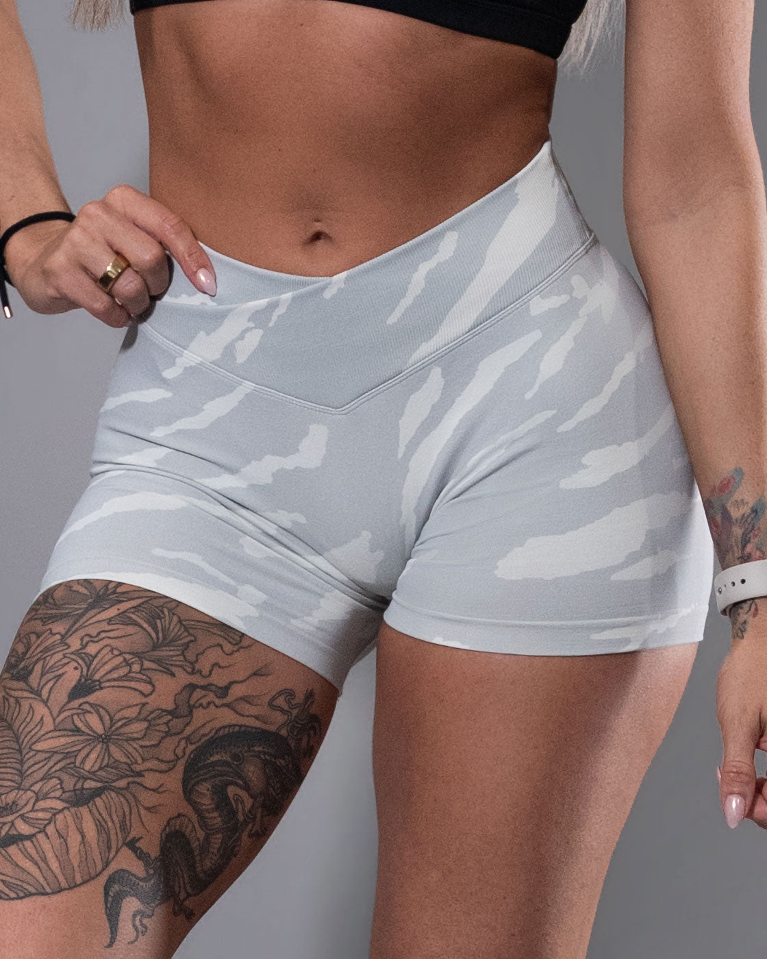 Snow Storm white and gray seamless shorts shown up close in buttery soft seamless fabric