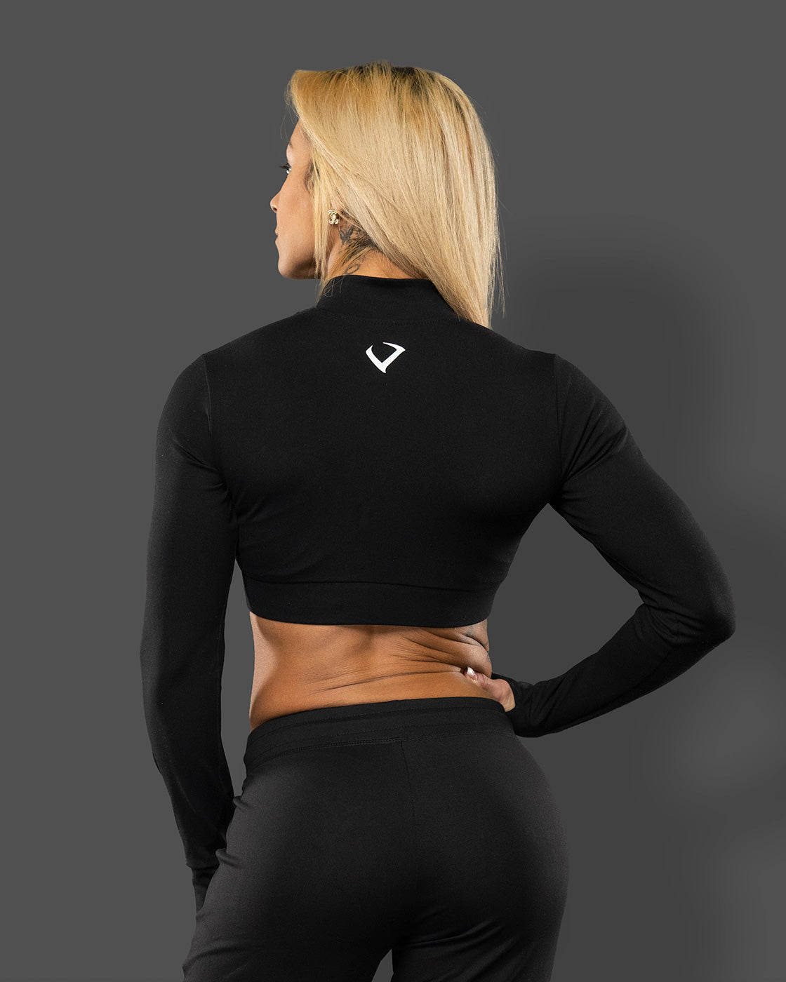 Zip Up Long Sleeve Crop - Black