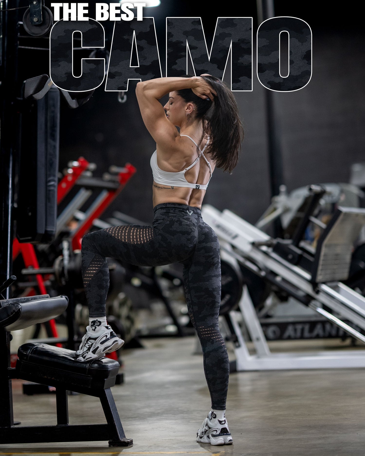 Female athlete Kayla Decker wearing Violate's Synergy Camo leggings
