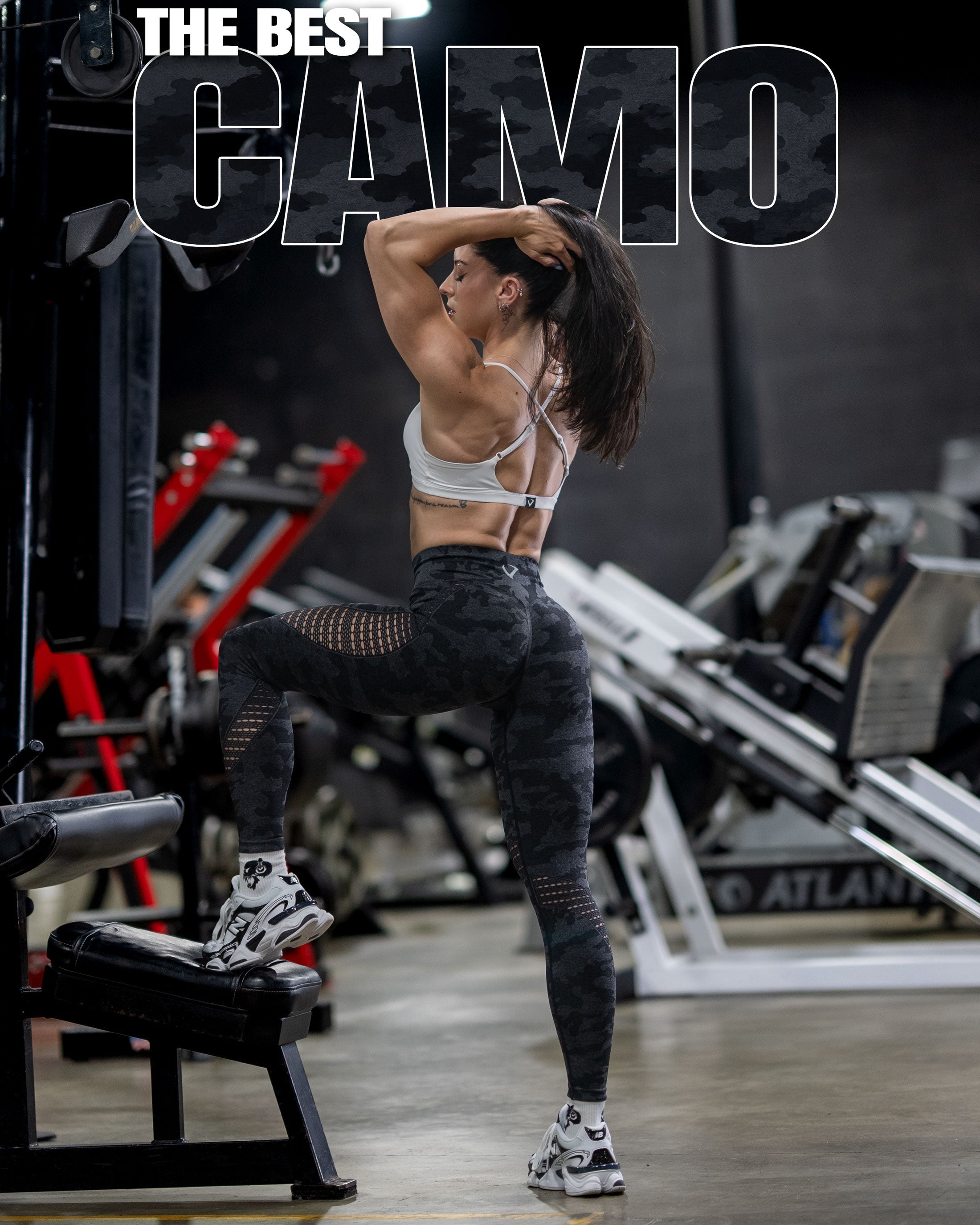 Female athlete Kayla Decker wearing Violate's Synergy Camo leggings