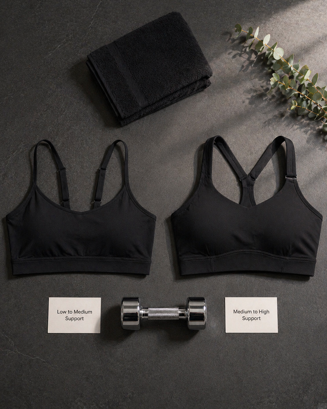 Sports Bra flat lay images showing the difference between high and low impact