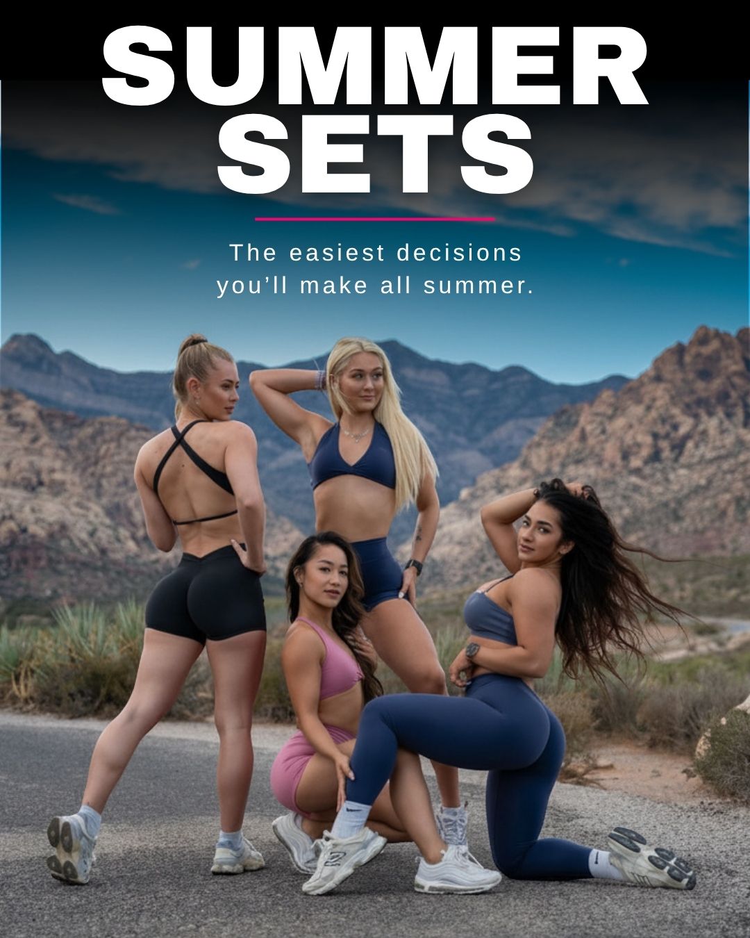 Women modeling sexy summer gym sets.