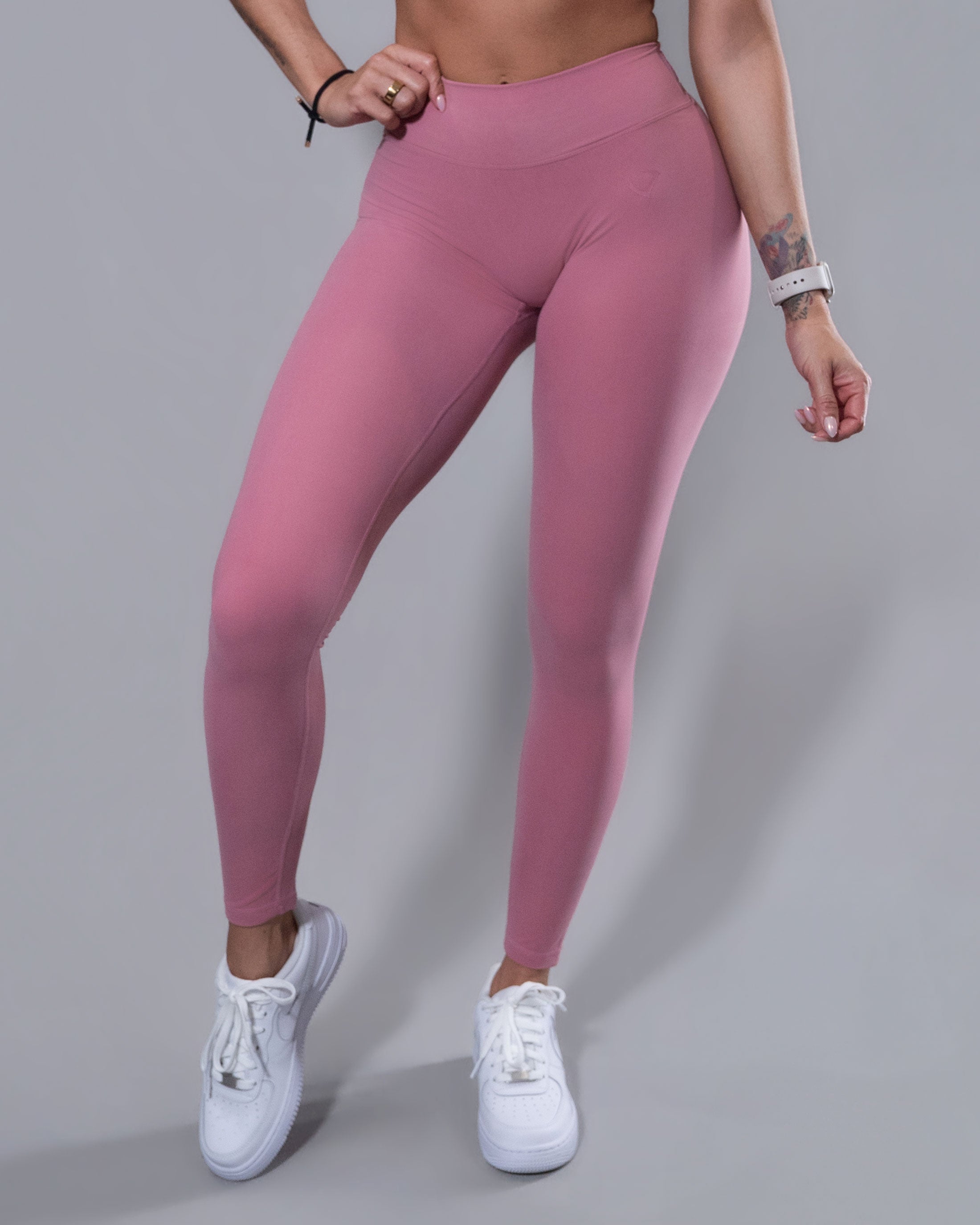 Allure V-Back Leggings in blush, front detail of high-waisted compression fit