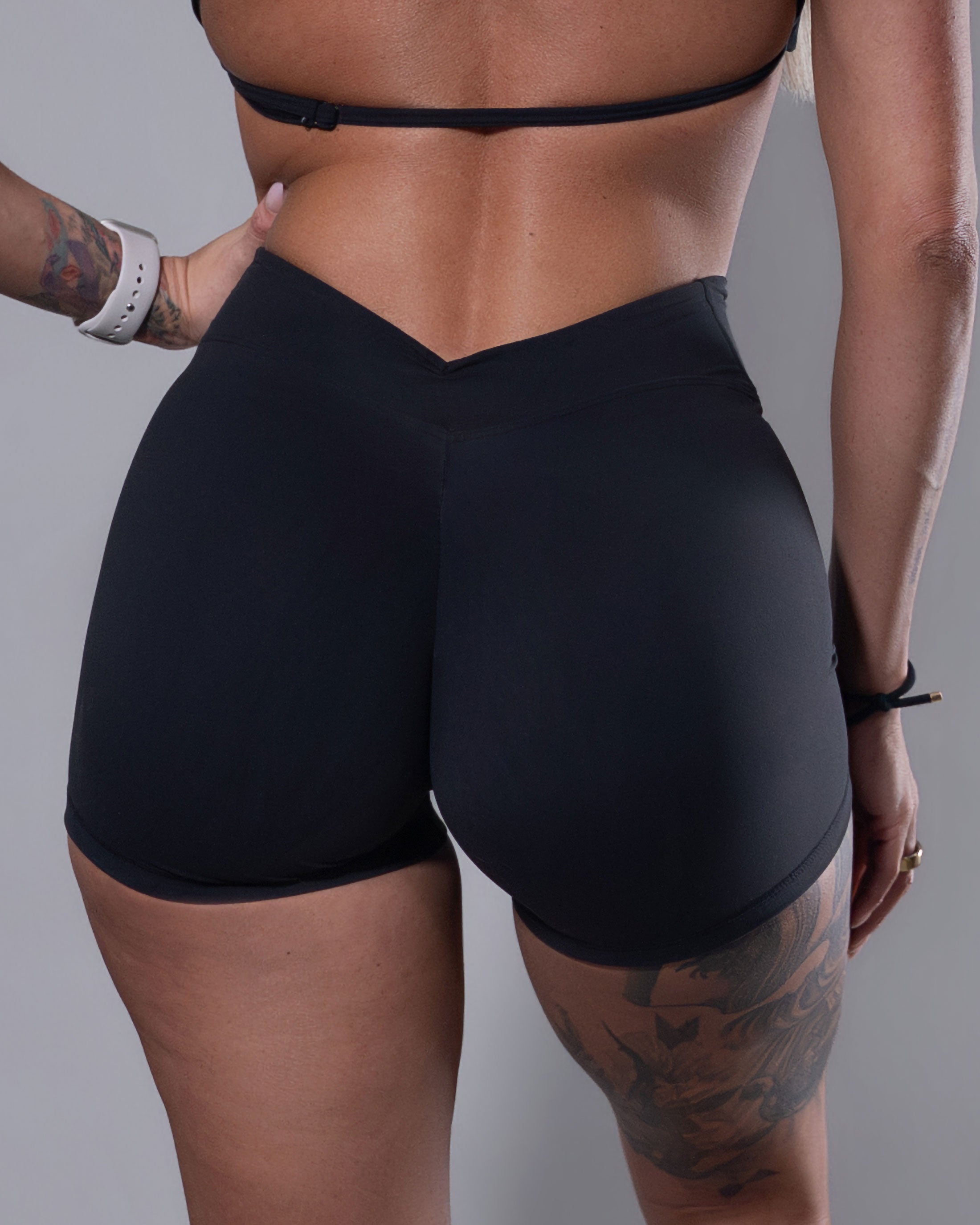 Allure V-Back Shorts in black, back detail of v-back waistband
