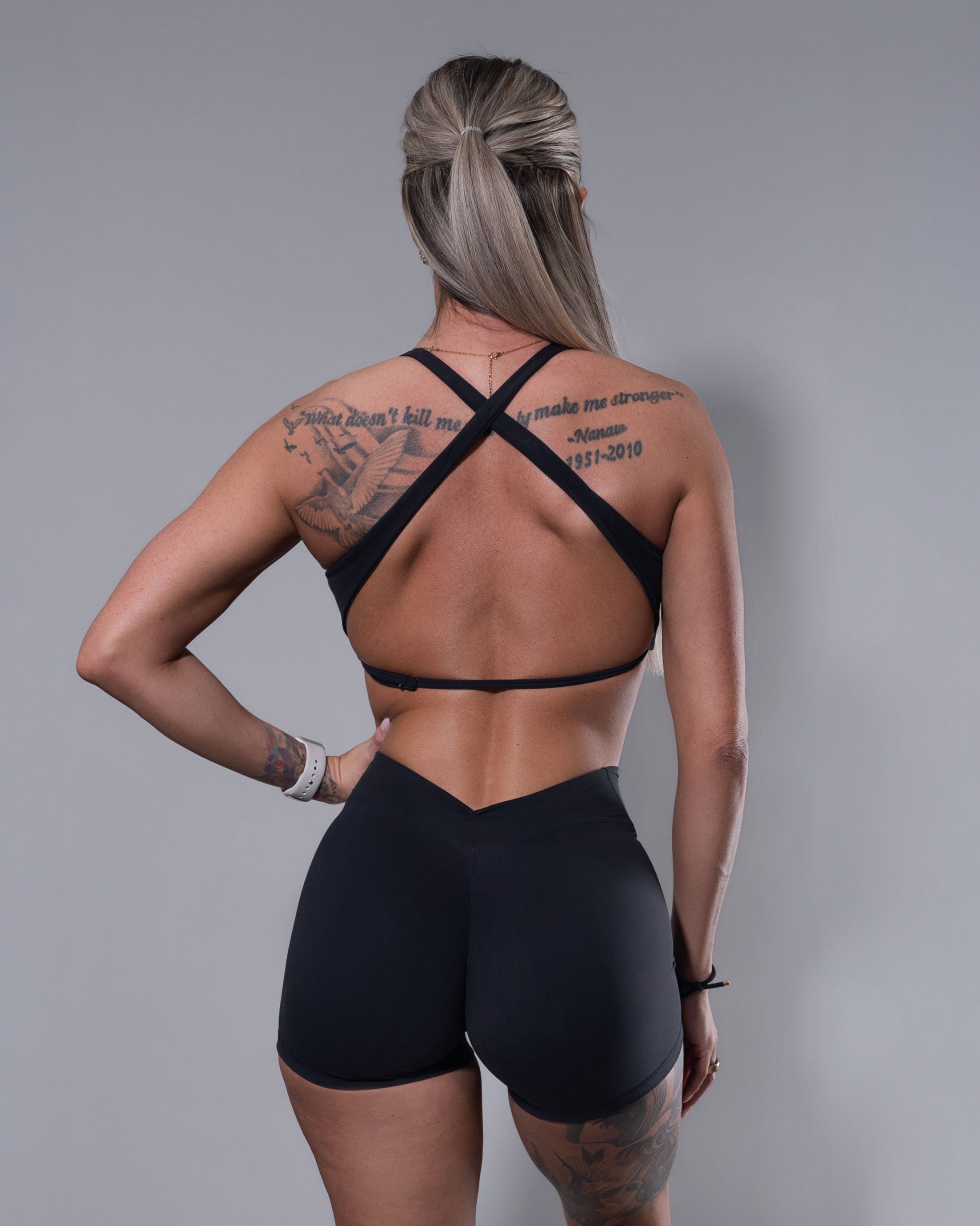 Allure V-Back Shorts paired with Crossfire sports bra in black, back detail