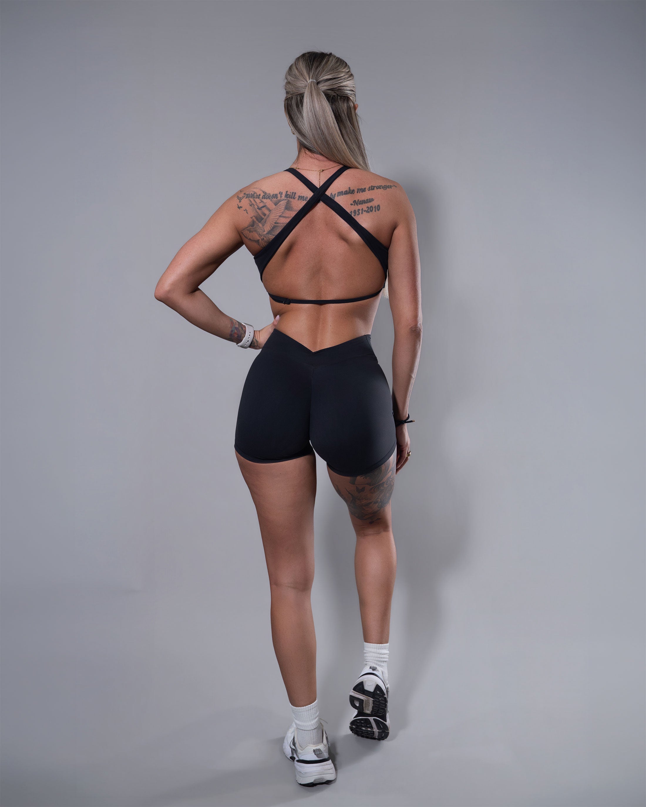 Allure V-Back Shorts paired with Crossfire sports bra in black, full back view