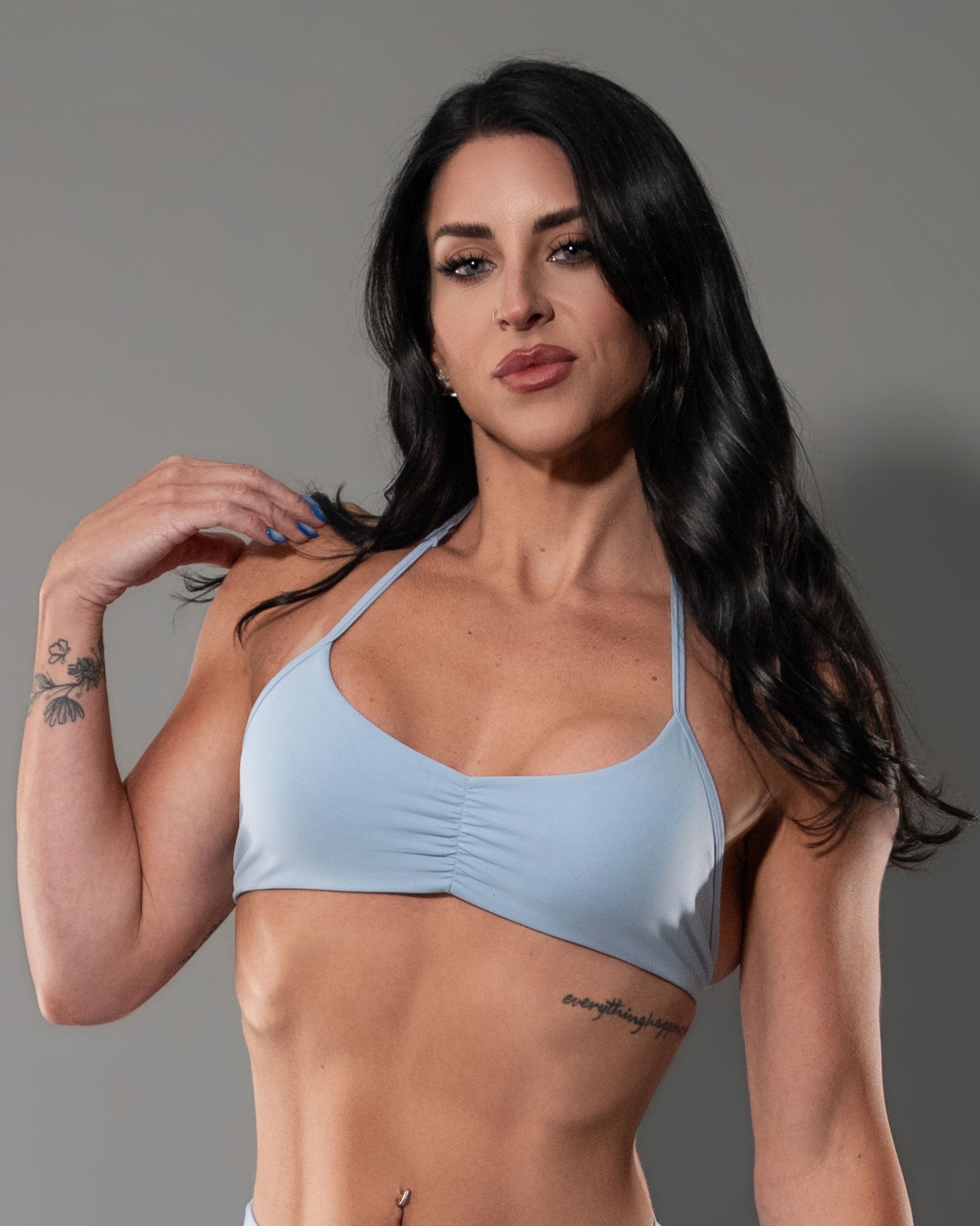 Tempt Halter in Sky Blue, front view showing the adjustable halter straps
