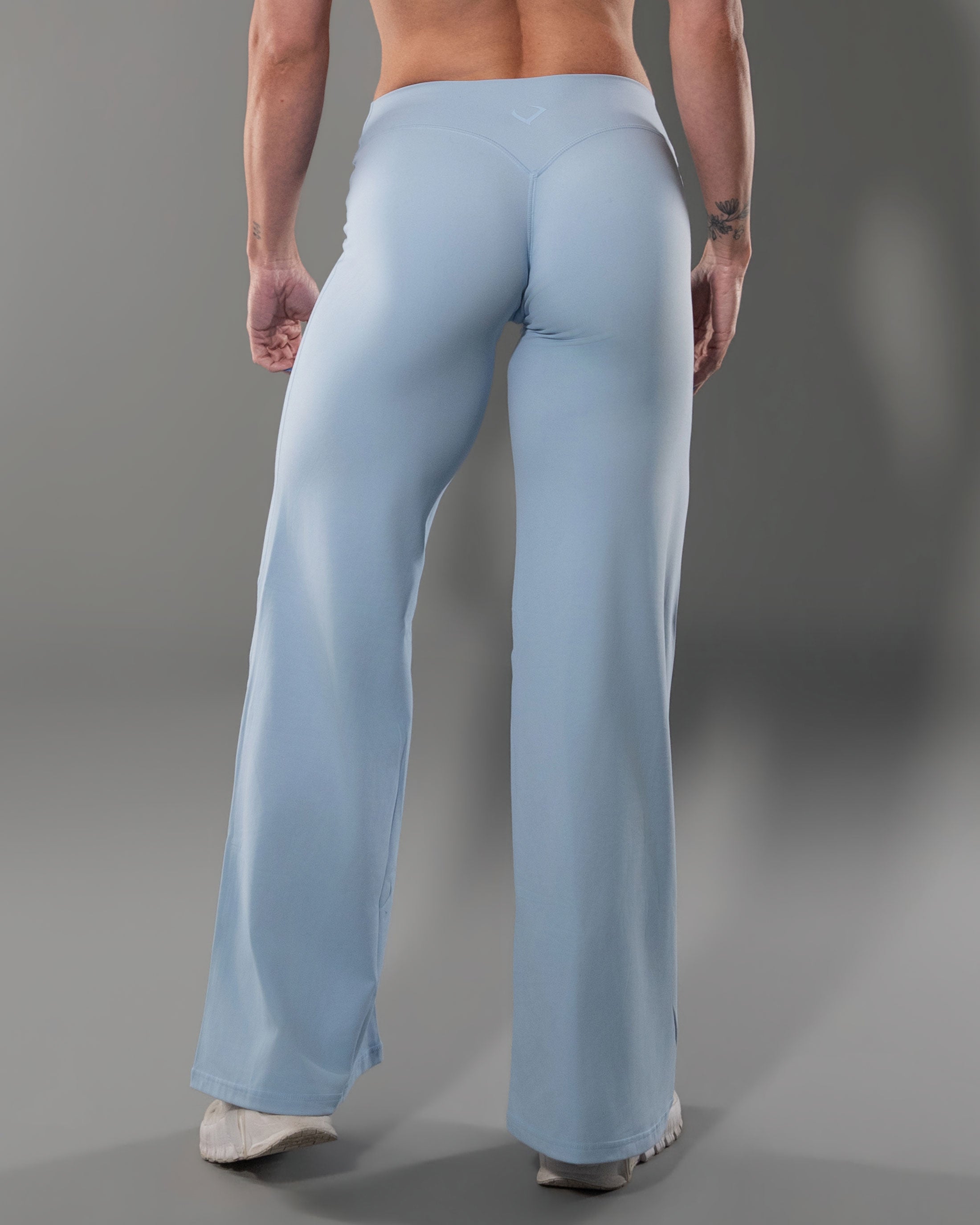 Tempt Flares in Sky Blue from behind, glute shaping seams and second skin fit